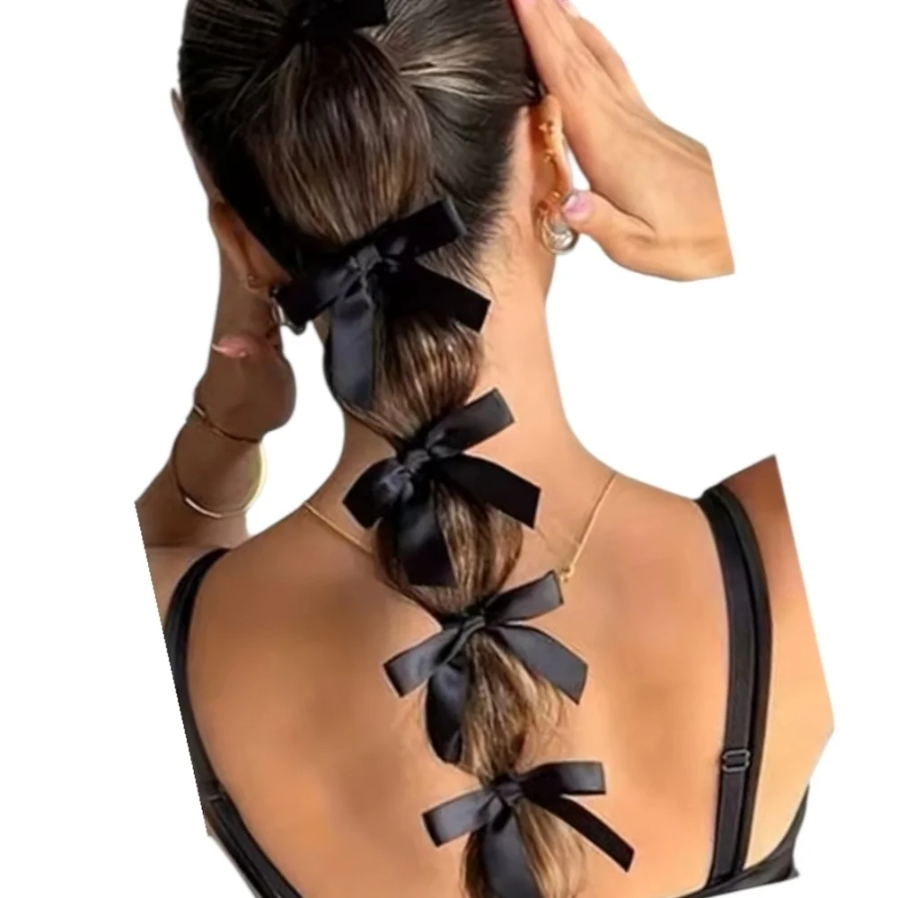 New Elegant Black Satin Hair Ponytail Bow 5 Piece Set Holiday New Years